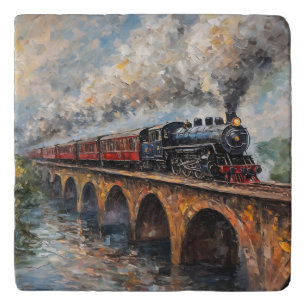 Steam Train on a Bridge - Oil Painting Trivet