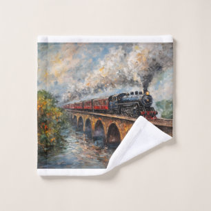 Steam Train on a Bridge - Oil Painting Wash Cloth