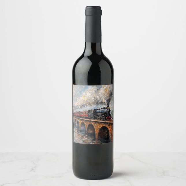 Steam Train on a Bridge - Oil Painting Wine Label (Front)