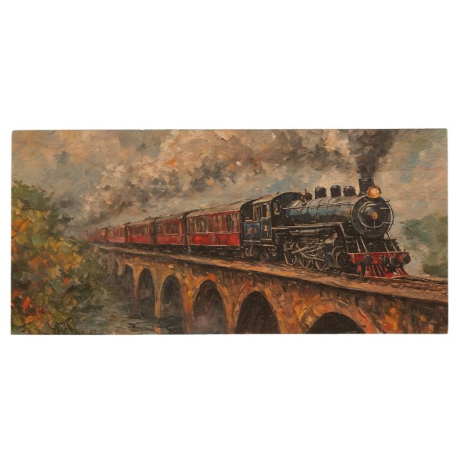 Steam Train on a Bridge - Oil Painting Wood Flash Drive (Back)