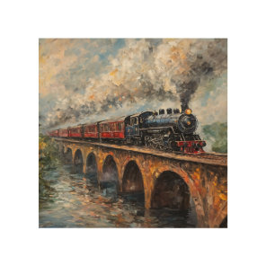 Steam Train on a Bridge - Oil Painting Wood Wall Art
