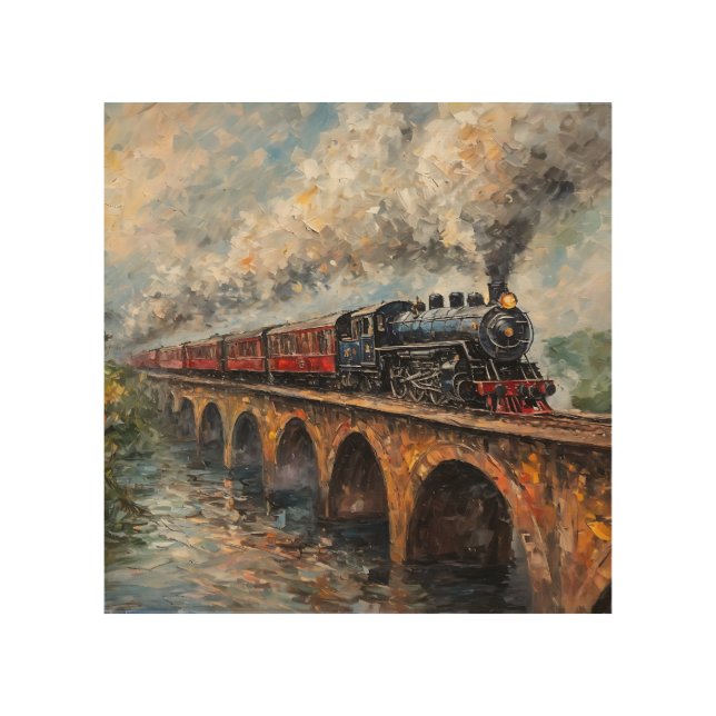 Steam Train on a Bridge - Oil Painting Wood Wall Art (Front)