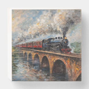 Steam Train on a Bridge - Oil Painting Wooden Box Sign