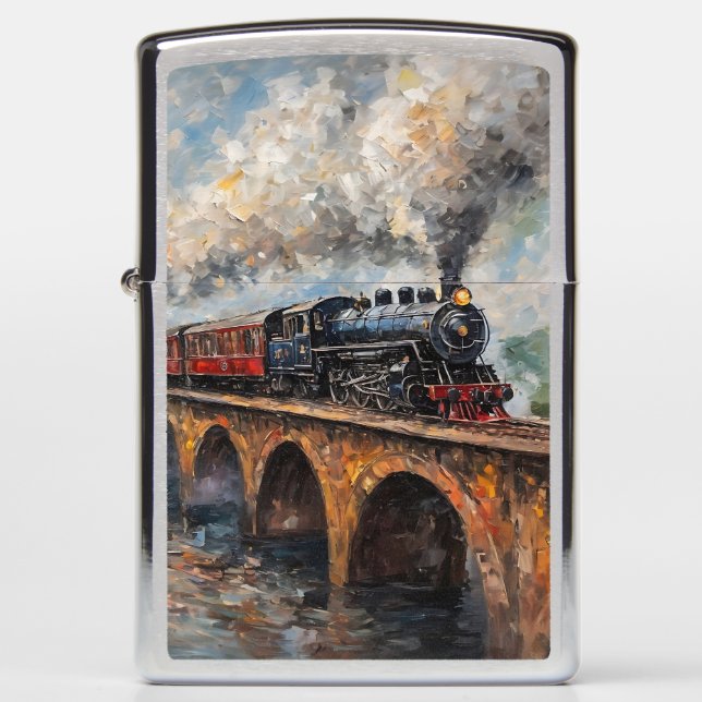 Steam Train on a Bridge - Oil Painting Zippo Lighter (Front)