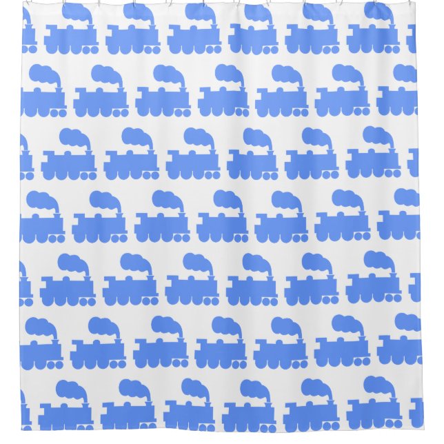 Steam Train Pattern - Baby Blue on White Shower Curtain (Front)