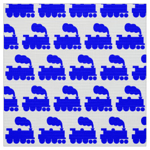 Steam Train Pattern - Blue on White Fabric