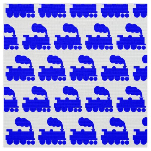 Steam Train Pattern - Blue on White Fabric