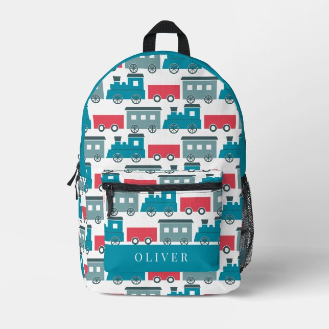 Steam Train Pattern Blue & Red Boy Printed Backpack (Front)