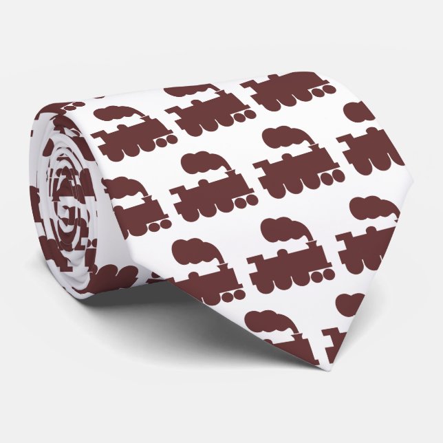 Steam Train Pattern - Dark Brown on White Neck Tie (Rolled)