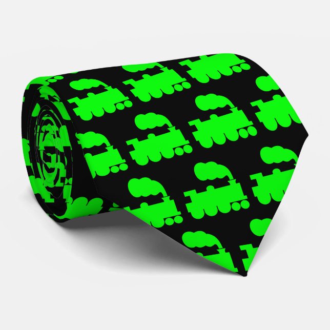 Steam Train Pattern - Green on Black Neck Tie (Rolled)
