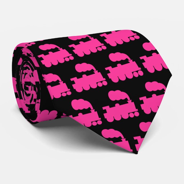Steam Train Pattern - Hot Pink on Black Neck Tie (Rolled)