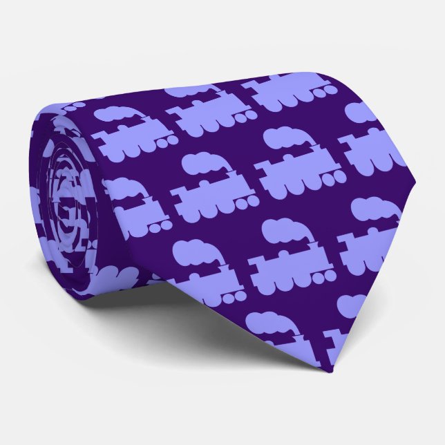 Steam Train Pattern - Pastel Blue on Deep Purple Tie (Rolled)