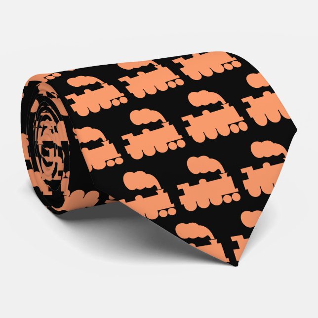 Steam Train Pattern - Peach on Black Neck Tie (Rolled)