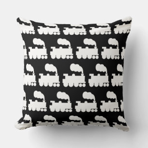 Steam Train Pattern - White on Black Throw Pillow
