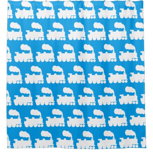 Steam Train Pattern _ White on Blue Shower Curtain