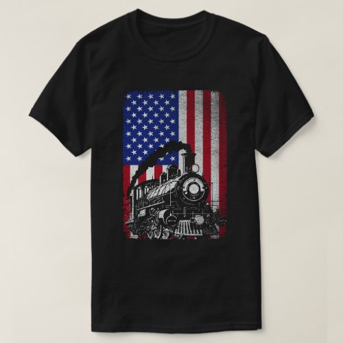 Steam Train Railroad Usa American Flag Locomotive  T_Shirt