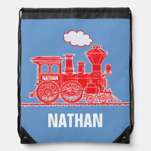 Steam train red and sky blue custom name drawstring bag