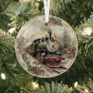 Steam Train Through Snowy Pines Glass Ornament