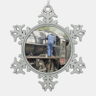 STEAM TRAINS SNOWFLAKE PEWTER CHRISTMAS ORNAMENT