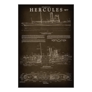 Steam Tugboat HERCULES Blueprint 1907 Photo Print
