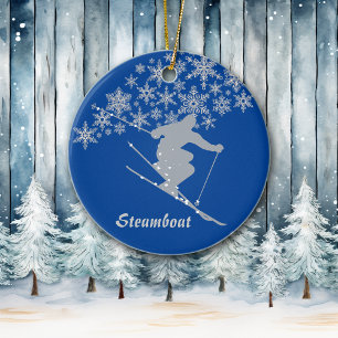 Steamboat Snowflake Skier Personalized Ceramic Ornament