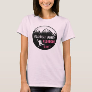 Steamboat Springs Colorado pink snowboard art tee