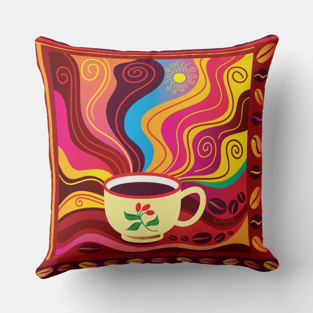 Steaming Coffee Cup Pattern Throw Pillow (Back)