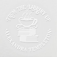 Steaming Cup of Coffee on Books Stack Library Name