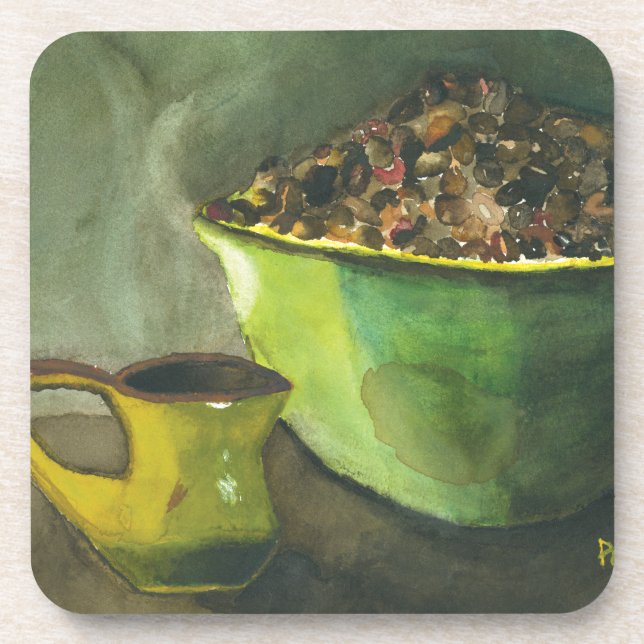 Steaming Morning Cup of Coffee Bowl Coffee Beans Beverage Coaster (Front)
