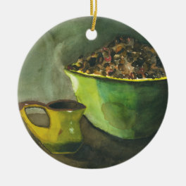 Steaming Morning Cup of Coffee Bowl Coffee Beans Ceramic Ornament