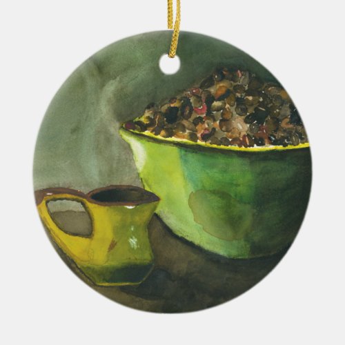 Steaming Morning Cup of Coffee Bowl Coffee Beans Ceramic Ornament