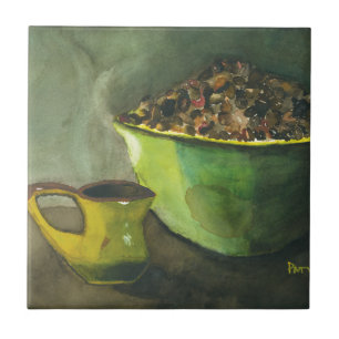 Steaming Morning Cup of Coffee Bowl Coffee Beans Ceramic Tile