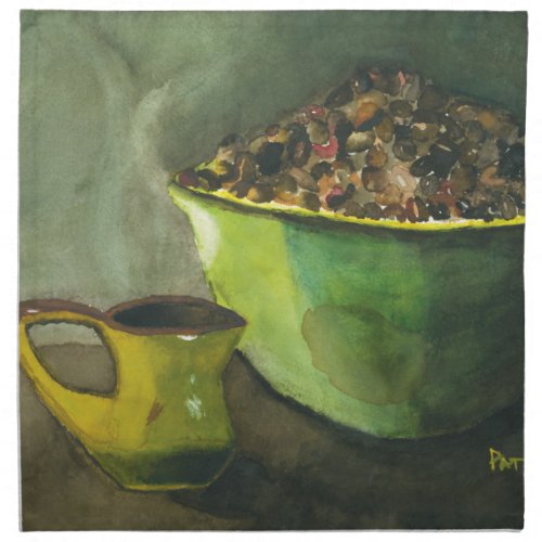 Steaming Morning Cup of Coffee Bowl Coffee Beans Cloth Napkin