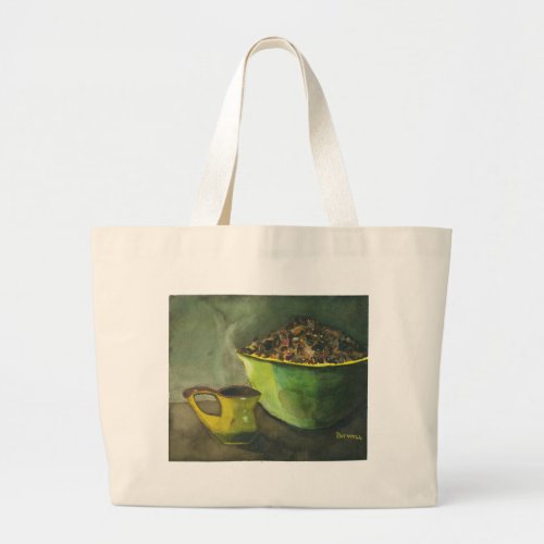 Steaming Morning Cup of Coffee Bowl Coffee Beans Large Tote Bag