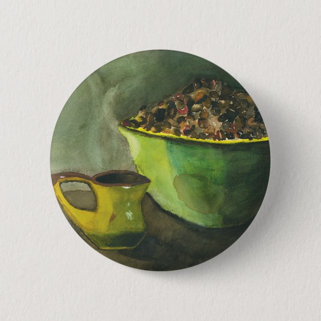 Steaming Morning Cup of Coffee Bowl Coffee Beans Pinback Button (Front)