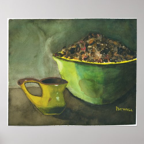 Steaming Morning Cup of Coffee Bowl Coffee Beans Poster