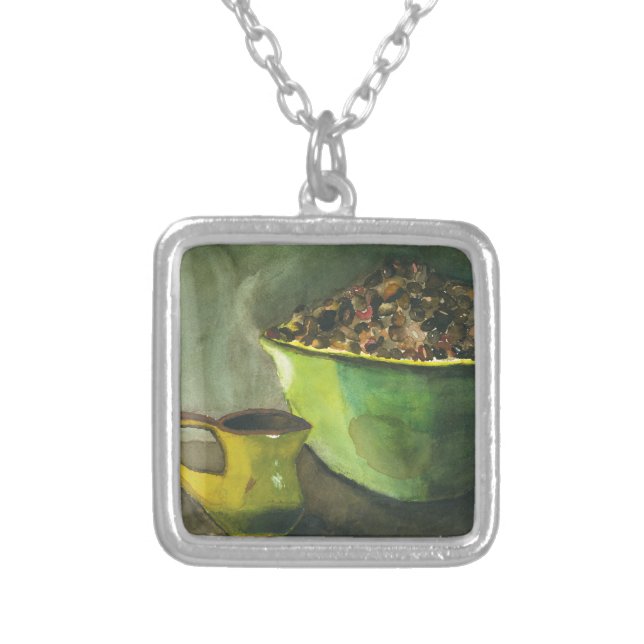 Steaming Morning Cup of Coffee Bowl Coffee Beans Silver Plated Necklace (Front)