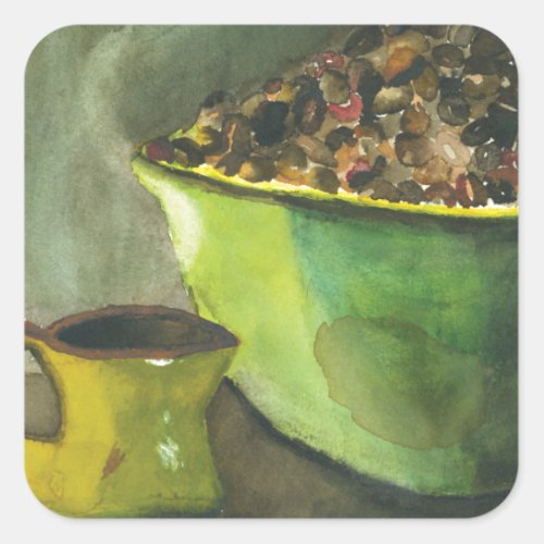 Steaming Morning Cup of Coffee Bowl Coffee Beans Square Sticker