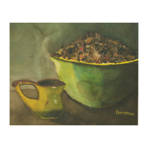 Steaming Morning Cup of Coffee Bowl Coffee Beans Wood Wall Decor