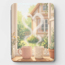 Steaming mugs on a windowsill with heart