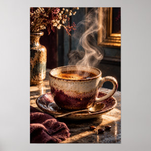 Steaming Rustic Coffee Cup – Cozy Morning Coffee W Poster