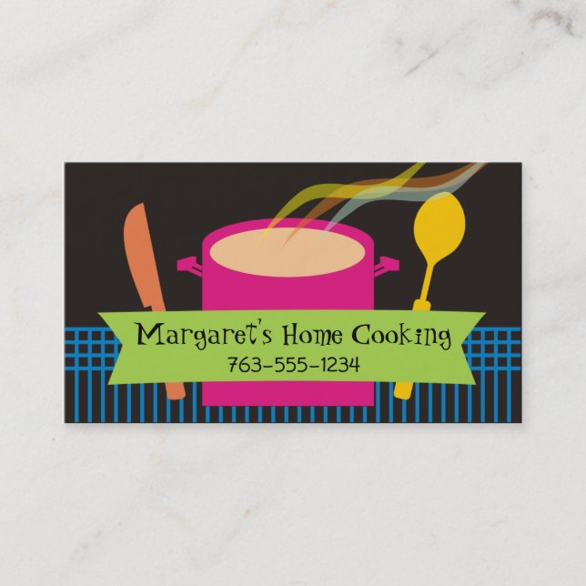 steaming soup stew knife spoon chef business cards (Front)