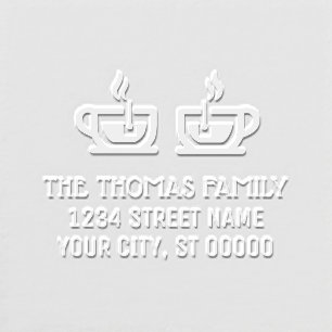 Steaming Tea cups Teabags Food Drink Name Address Embosser