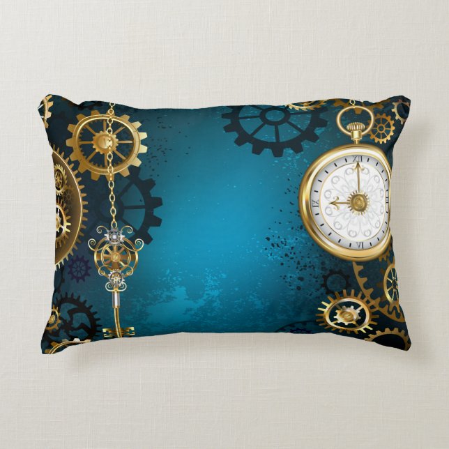 Steampun turquoise Background with Gears Accent Pillow (Front)