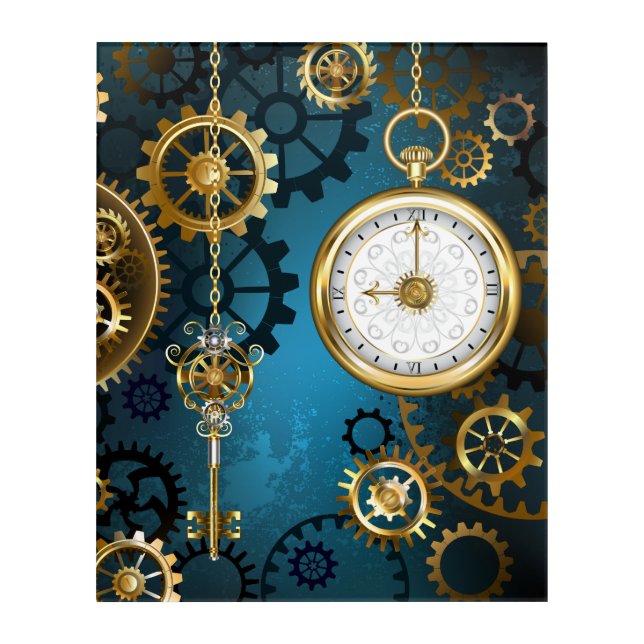 Steampun turquoise Background with Gears Acrylic Print (Front)