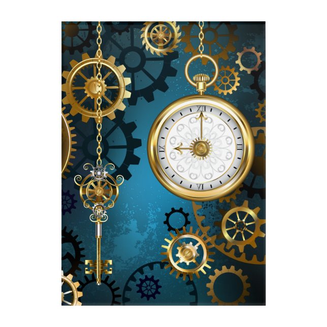 Steampun turquoise Background with Gears Acrylic Print (Front)