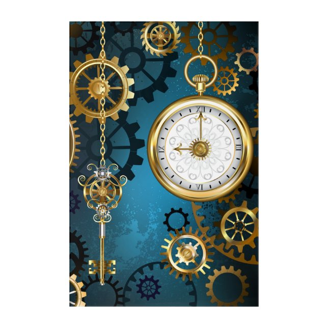 Steampun turquoise Background with Gears Acrylic Print (Front)