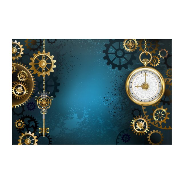 Steampun turquoise Background with Gears Acrylic Print (Front)