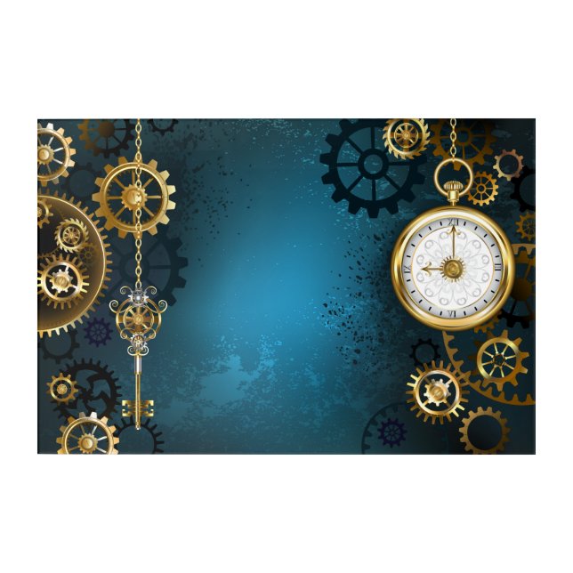 Steampun turquoise Background with Gears Acrylic Print (Front)
