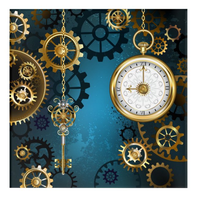 Steampun turquoise Background with Gears Acrylic Print (Front)